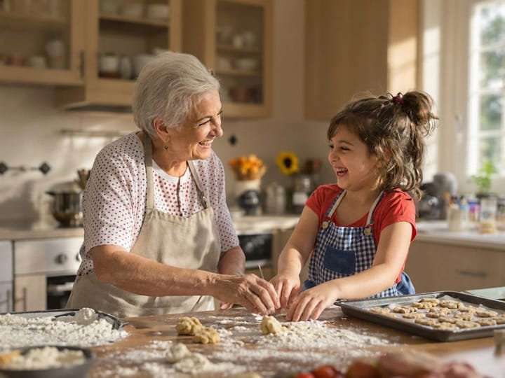 Unblurred photo of a grandmother and granddaughter baking together