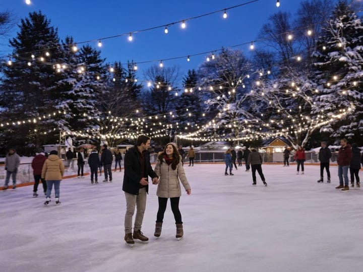 Unblurred photo of people ice skating under string lights