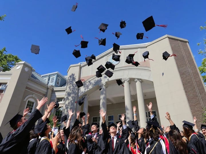 Unblurred photo of graduates throwing their caps in the air