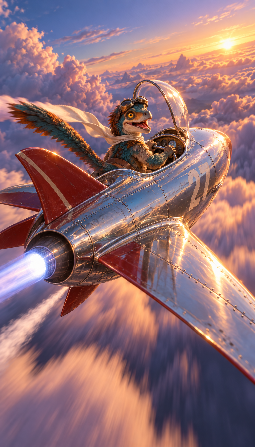 A feathered dinosaur in goggles and a white scarf flying a chrome rocket plane above the clouds at sunset