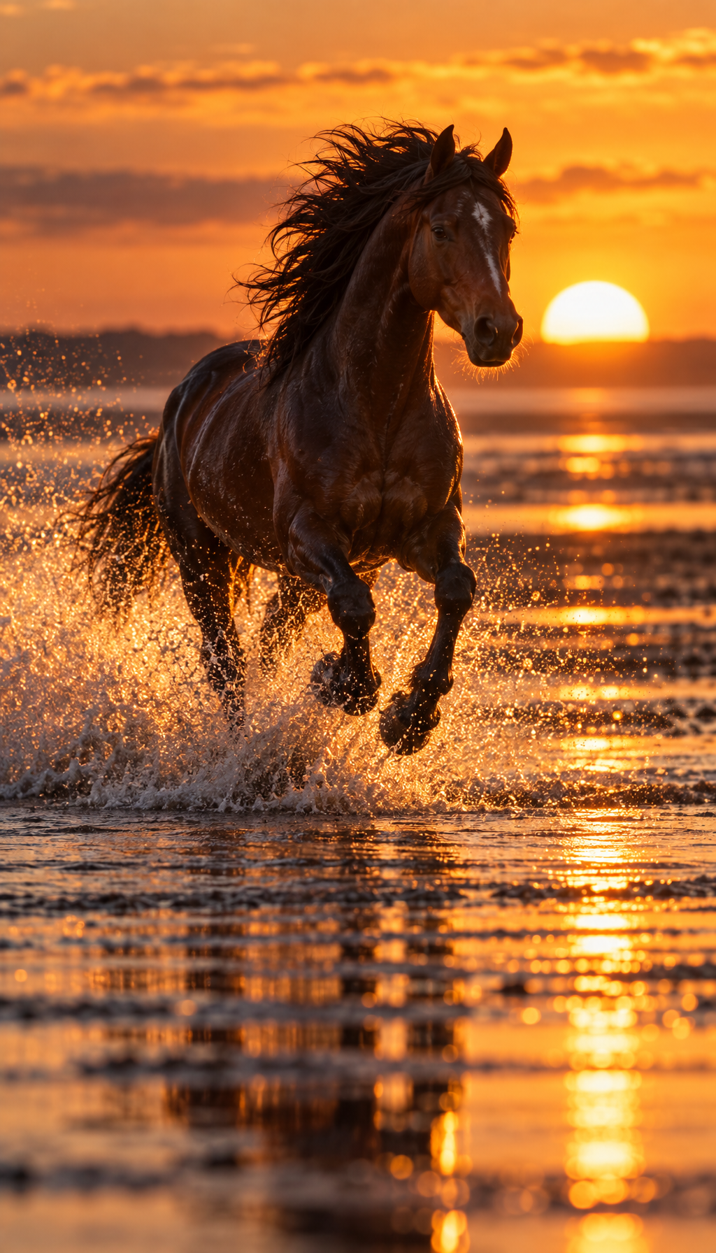 A dark bay horse galloping through shallow water on a tidal flat at sunset, backlit by golden spray