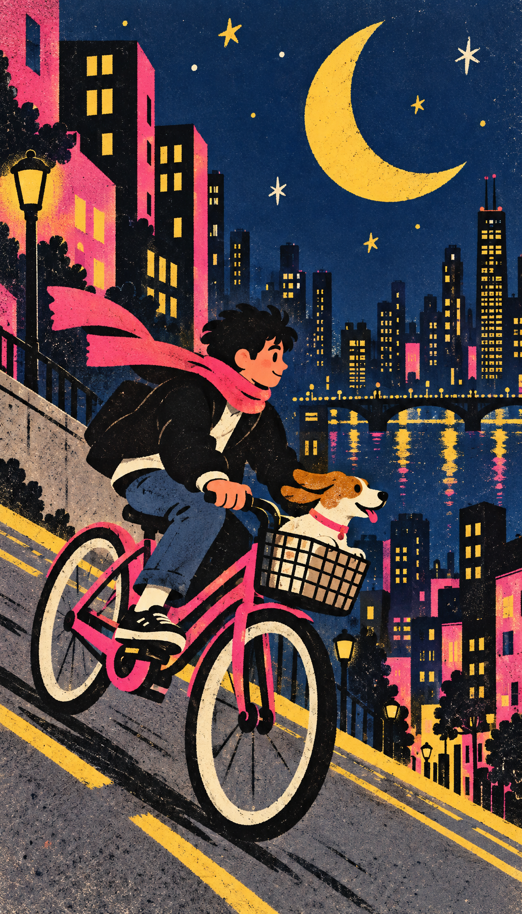 A flat risograph-style illustration of a cyclist coasting downhill through a night city with a dog in the basket