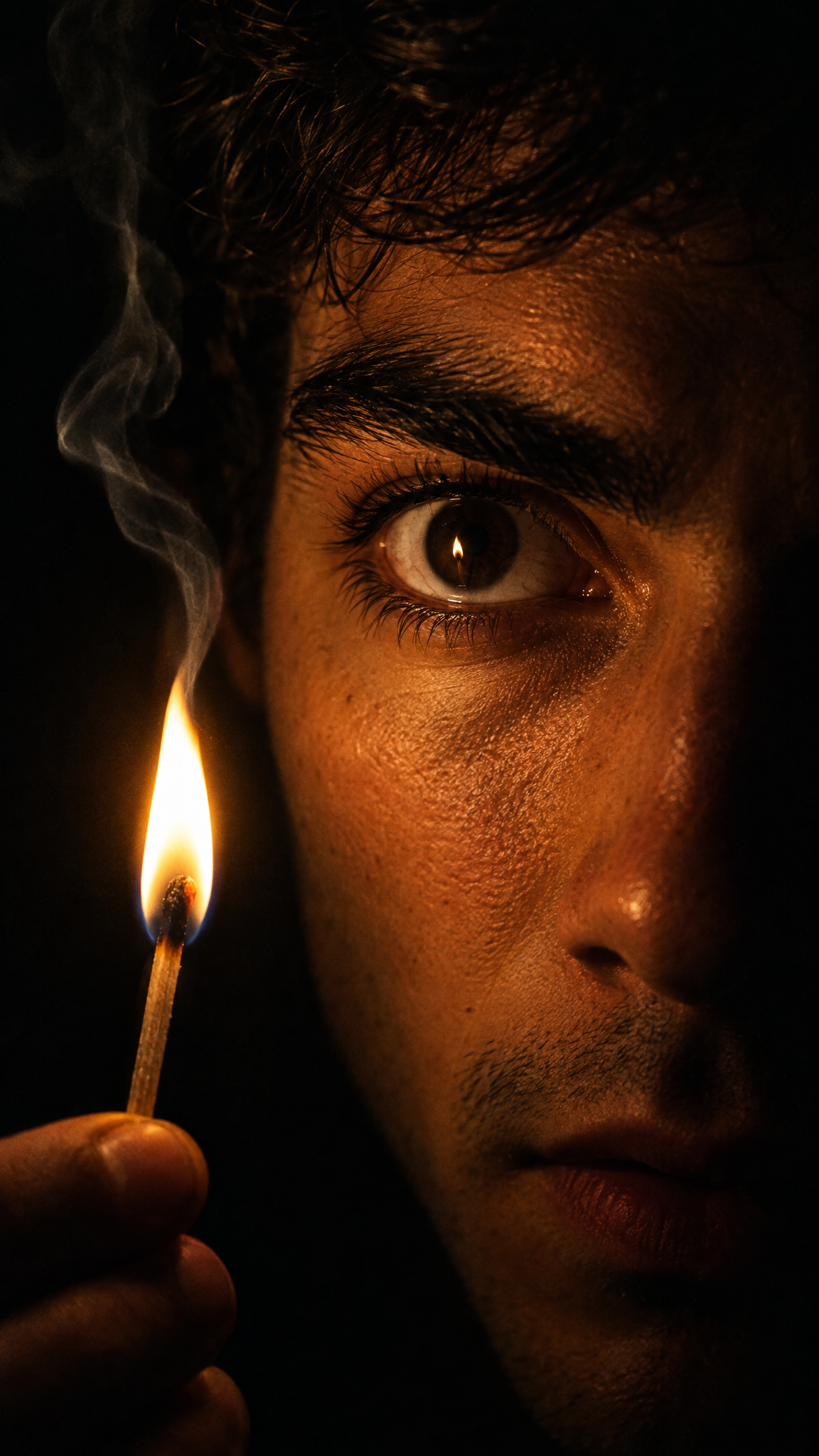 A close-up of a man’s face lit by a single burning match against a black background