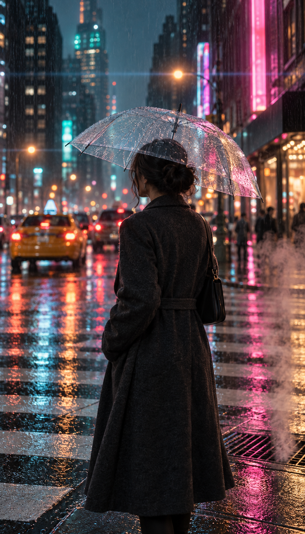 A woman in a long charcoal coat with a clear umbrella crossing a neon-lit street in heavy rain