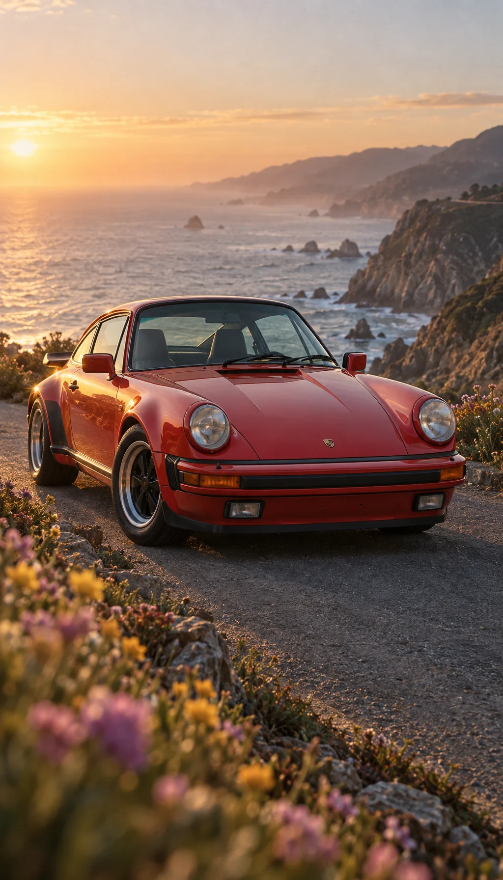 A red 1970s Porsche 911 parked on a cliffside coast road at golden hour