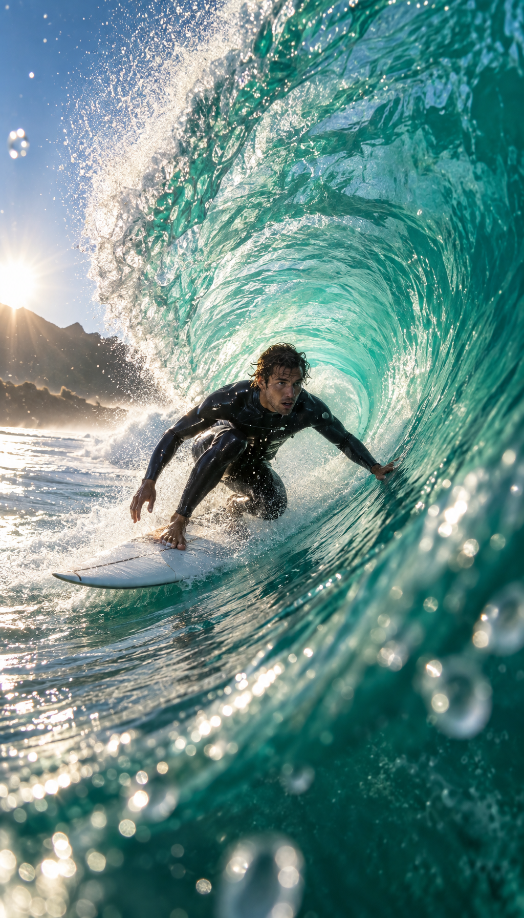 A surfer in a black wetsuit riding inside a glassy turquoise barrel wave